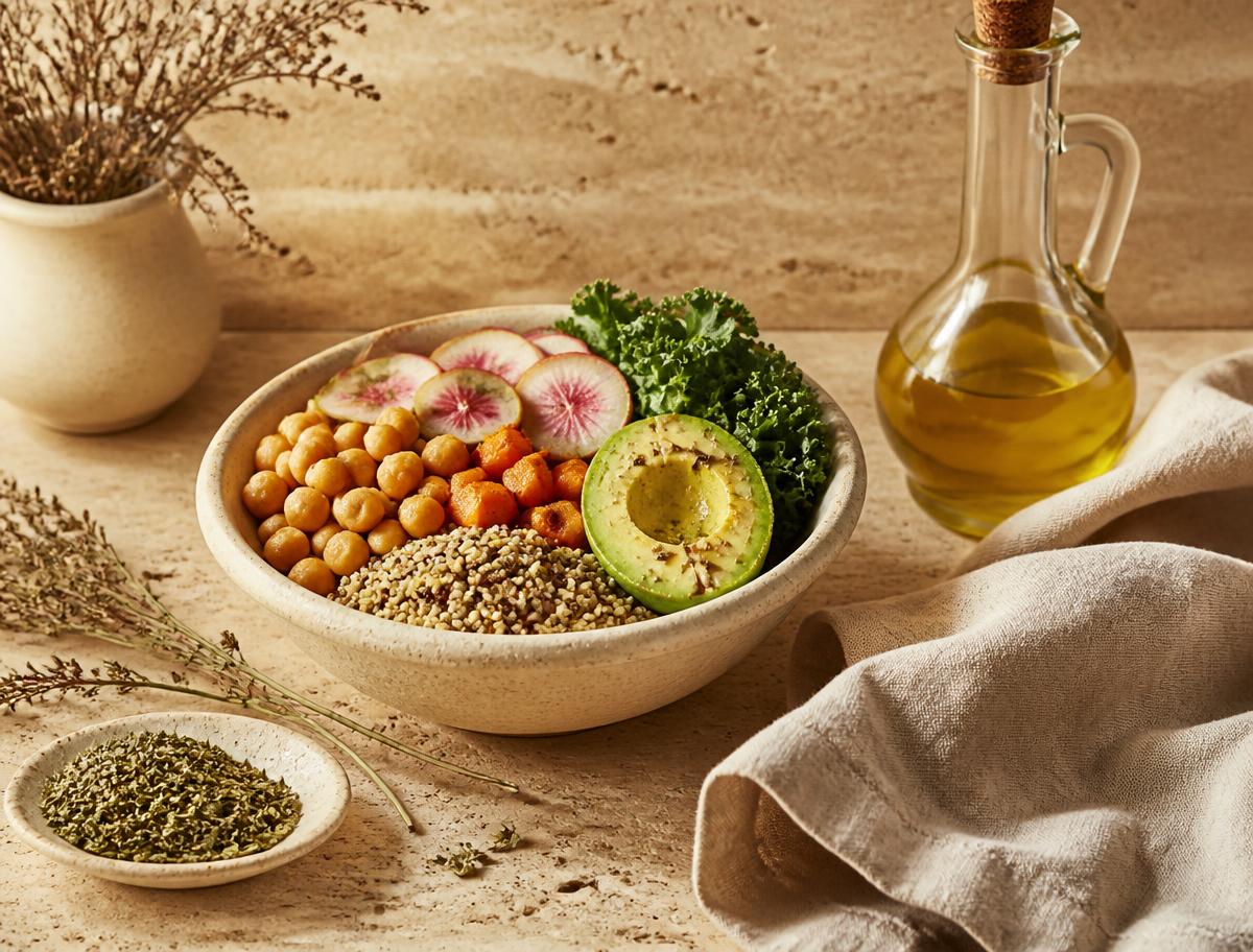 Alimentación consciente: bol de comida real, aceite de oliva y hierbas